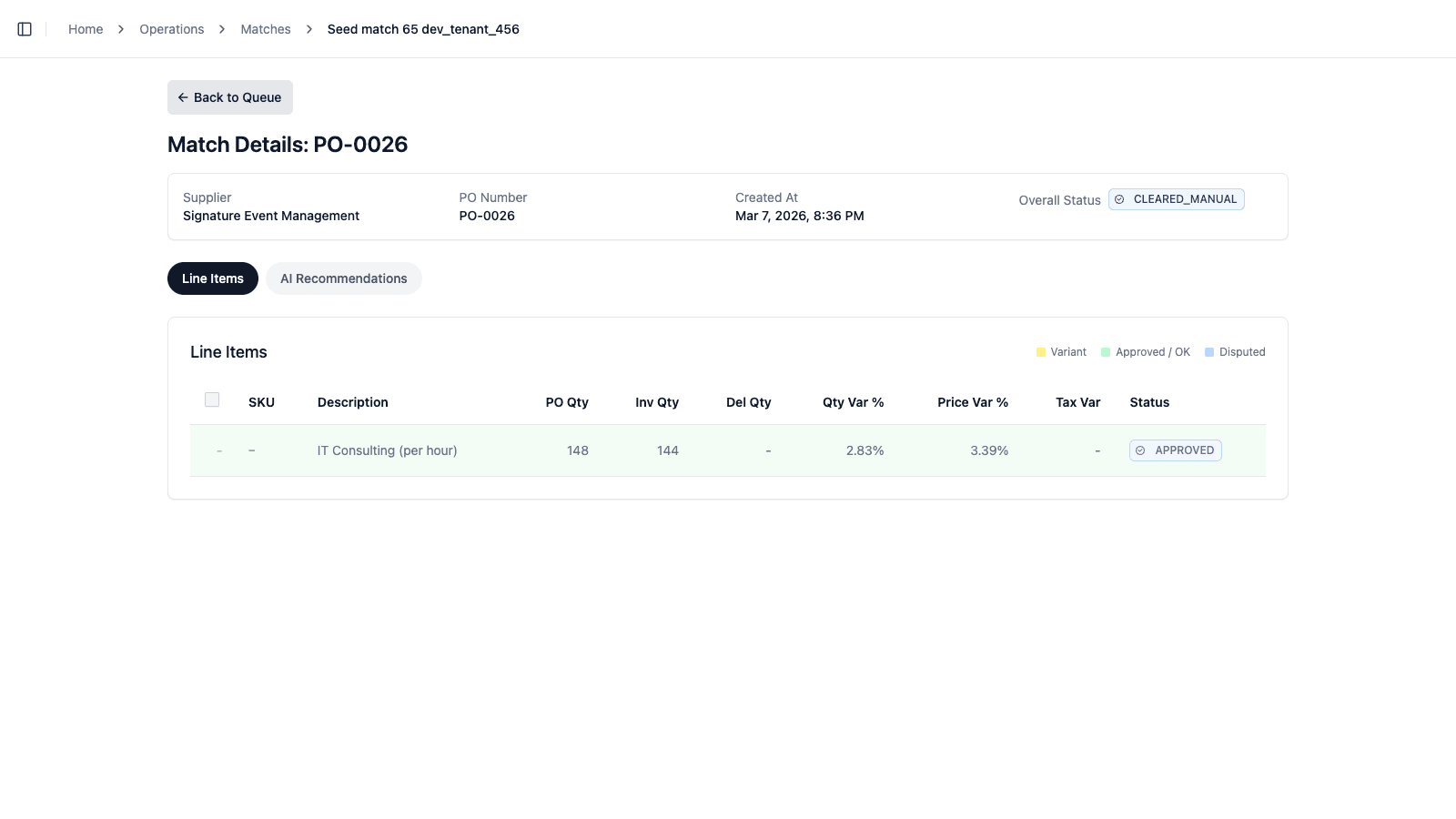 Nexus AP exception management view showing approval context and resolution workflow