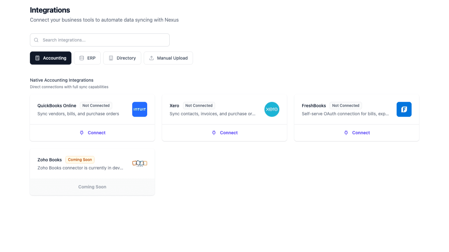 Nexus integrations page with the FreshBooks connection card visible