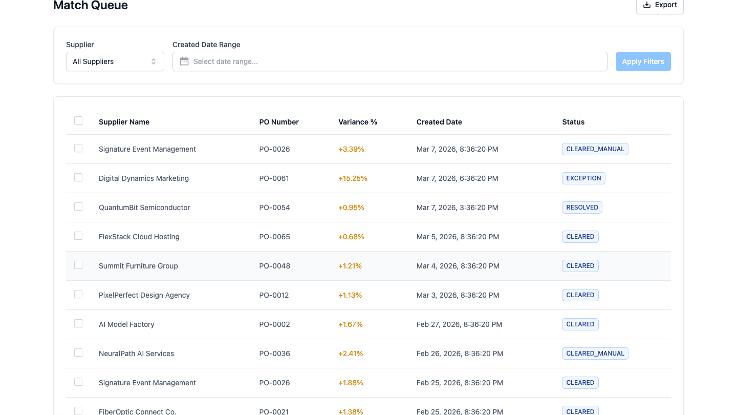 Nexus match queue showing approval and exception workflow status